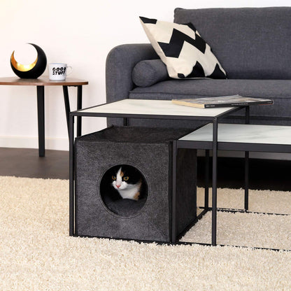 Pethouss Filz Katzenhöhle Würfel – Faltbares Katzenbett mit Liegekissen für Regale & Böden (Dunkelgrau)
