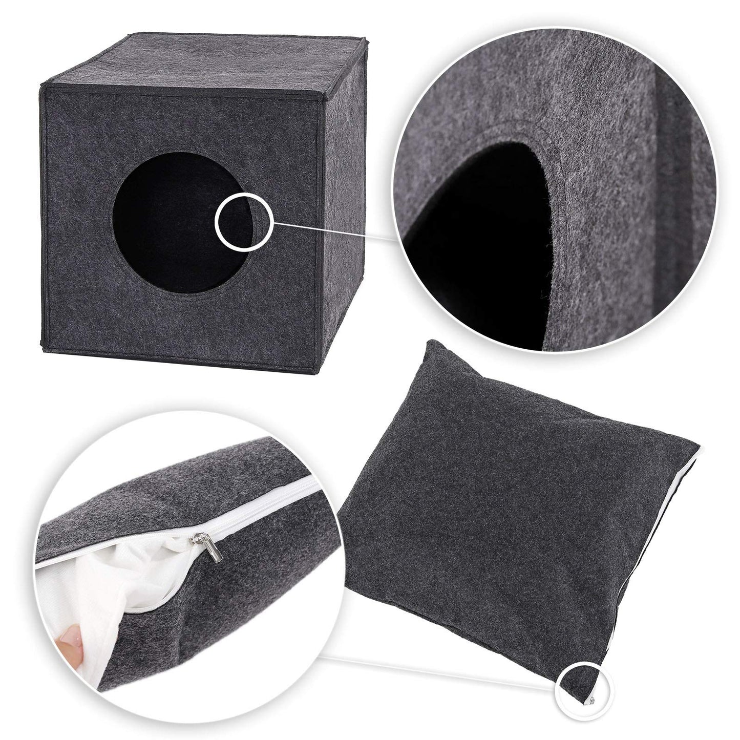 Pethouss Filz Katzenhöhle Würfel – Faltbares Katzenbett mit Liegekissen für Regale & Böden (Dunkelgrau)
