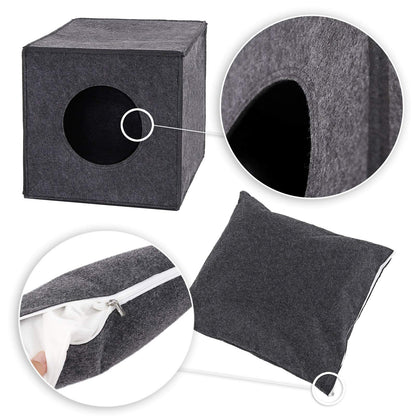 Pethouss Filz Katzenhöhle Würfel – Faltbares Katzenbett mit Liegekissen für Regale & Böden (Dunkelgrau)