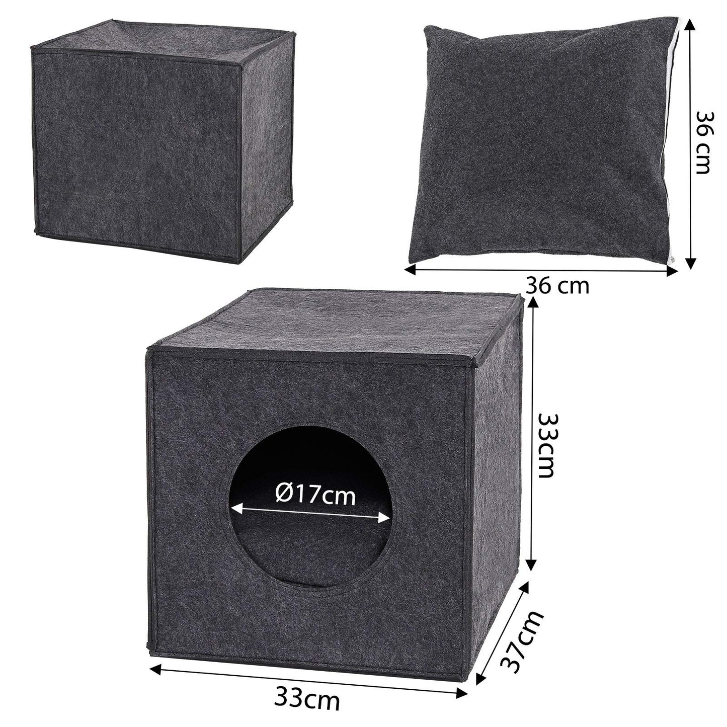 Pethouss Filz Katzenhöhle Würfel – Faltbares Katzenbett mit Liegekissen für Regale & Böden (Dunkelgrau)