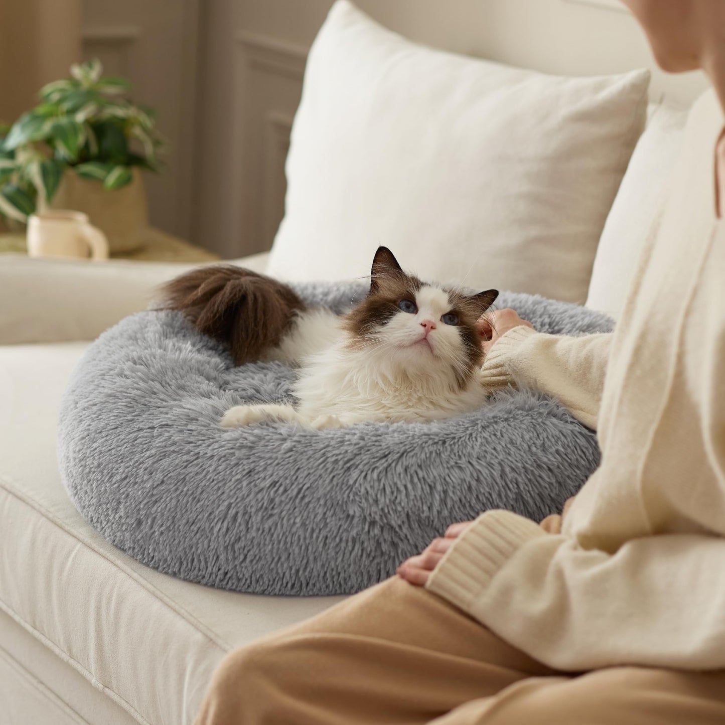 Pethouss Rundes Katzenbett Ø 60 cm – Waschbares Plüsch Kuschelbett für Katzen & kleine Hunde